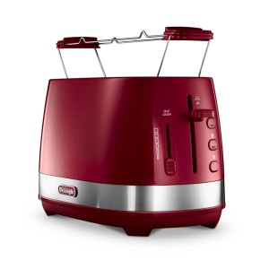 Roter De'Longhi Toaster CTLA2103.R, 2 Schlitze, Chrom-Akzente, Bräunungskontrolle. Modernes Haushaltsgerät für die Küche.