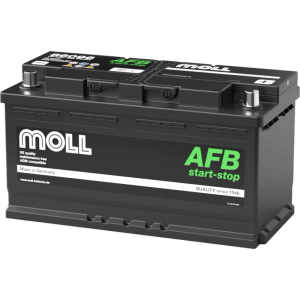 Schwarze MOLL AFB Start-Stop Starterbatterie 12V 96Ah 860A. Robuste Autobatterie Made in Germany.