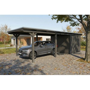 Anthrazit Skan Holz Carport Emsland mit Flachdach, EPDM-Dach und Abstellraum. Schützt Fahrzeuge.