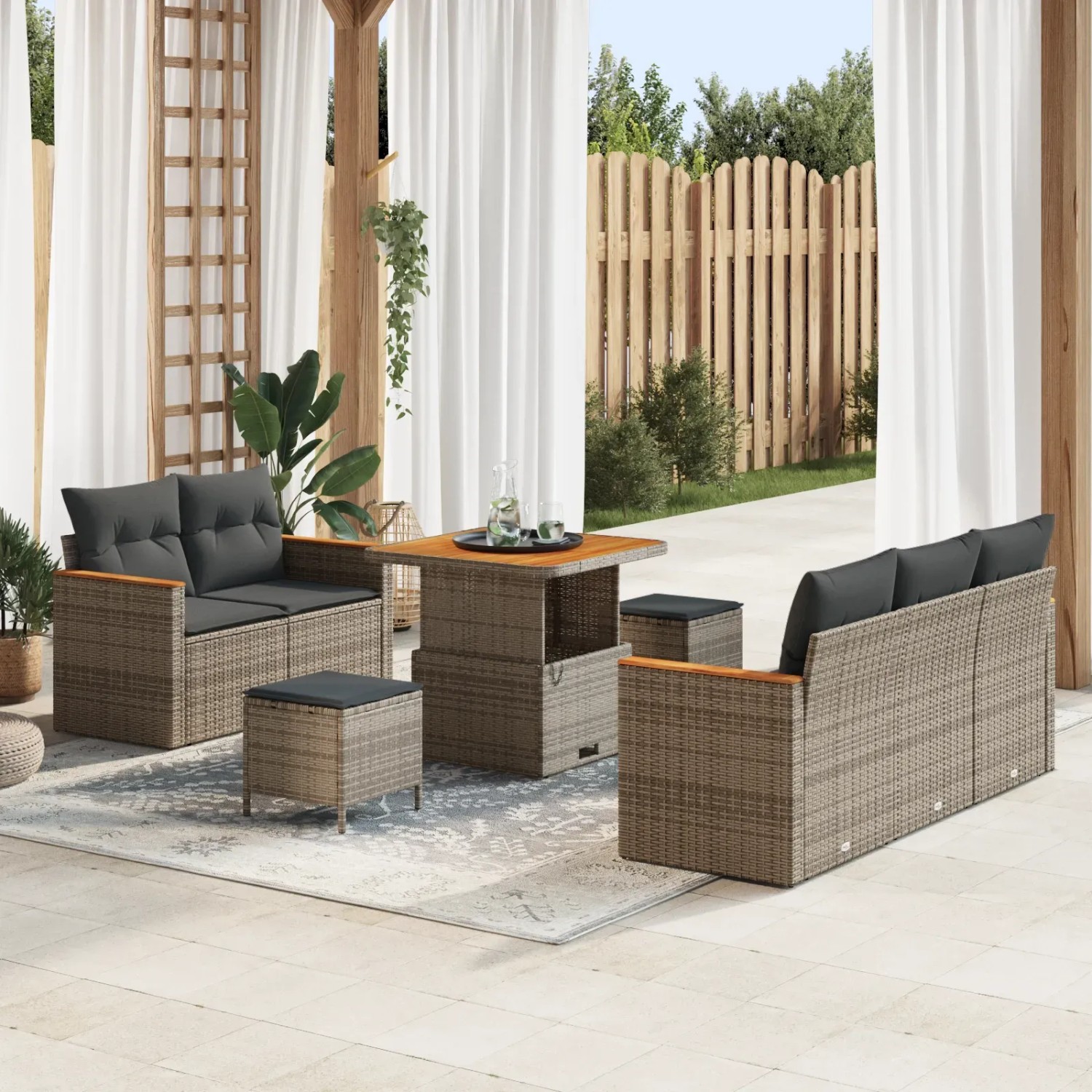 Graues 8-tlg. vidaXL Garten-Sofa-Set aus Poly Rattan mit Tisch und Kissen.