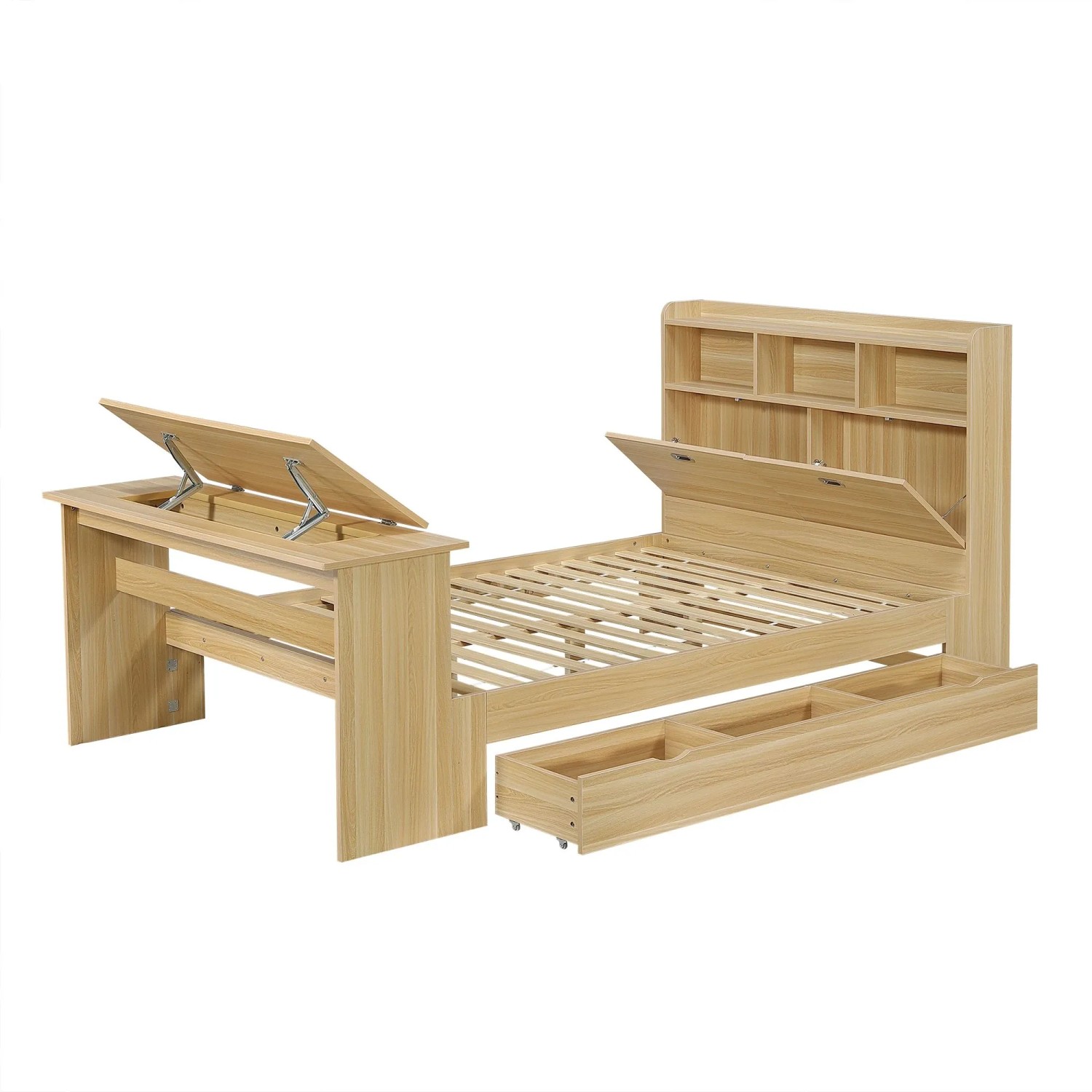 Merax Jugendbett 140X200 cm Stauraum Regal Klapptisch Natur