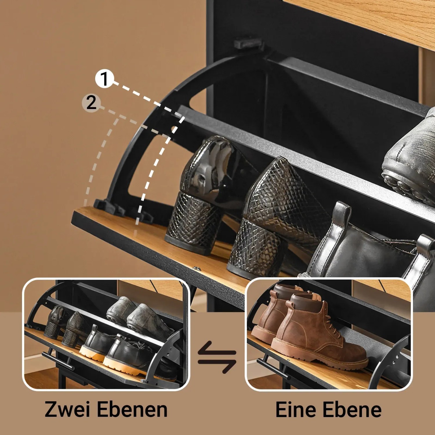 Offene Klappe des SoBuy Schuhschranks, zeigt verstellbare Fächer für Schuhe und Stiefel. Holzoptik, schwarz.