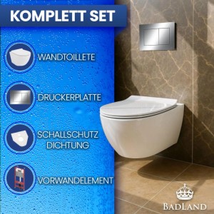 KOLMAN WC-Komplettset: weißes Wand-WC, Chrom Betätigungsplatte, Vorwandelement, Schallschutz. Modernes Bad.