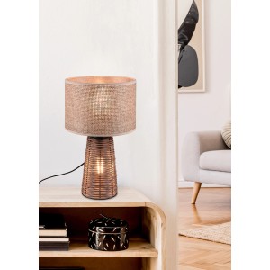Braune Design-Tischleuchte Straw, 24 cm, aus Rattan und Strohgeflecht für gemütliches Wohnambiente.