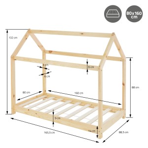 ML-Design Kinderbett 80x160 cm mit Dach, Hausbett aus Kiefernholz, Natur