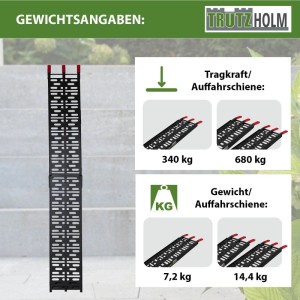 TRUTZHOLM klappbare Auffahrrampe, 228 cm, schwarz, mit Gewichtsangaben.