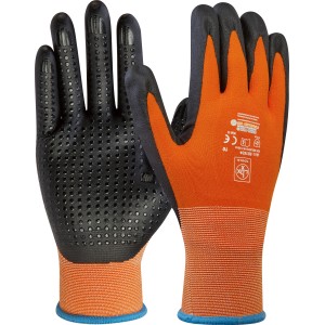 LUX Allroundhandschuhe Gr. 10, Arbeitshandschuhe mit schwarzer Handfläche und orangefarbenem Handrücken.