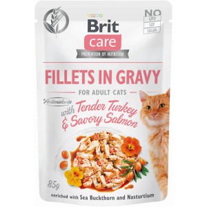 BritCare Katzen-Nassfutter Adult, Truthahn & Lachs, 85g. Filets in Soße für ausgewachsene Katzen.