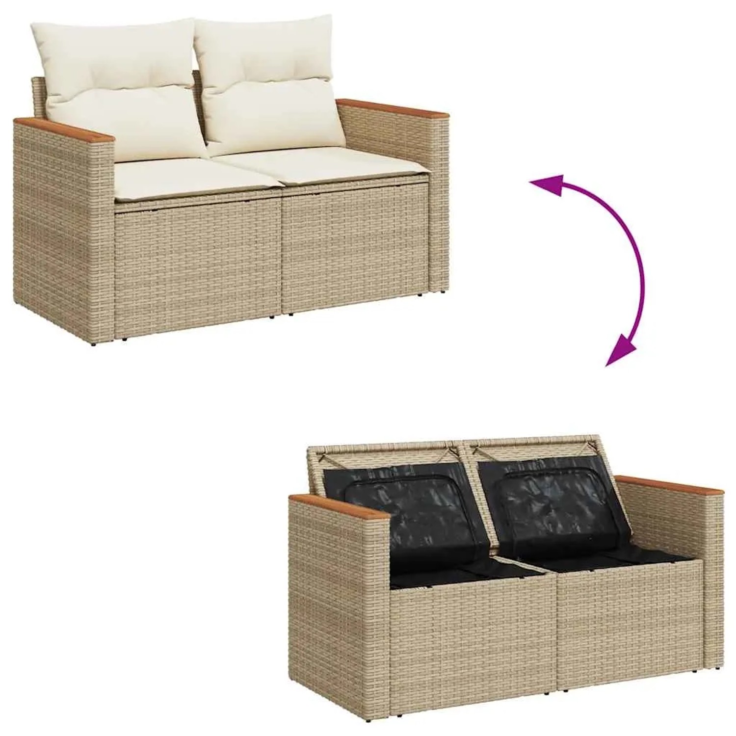 Beige 5-tlg. Garten-Sofagarnitur aus Rattan mit Kissen und Stauraum.