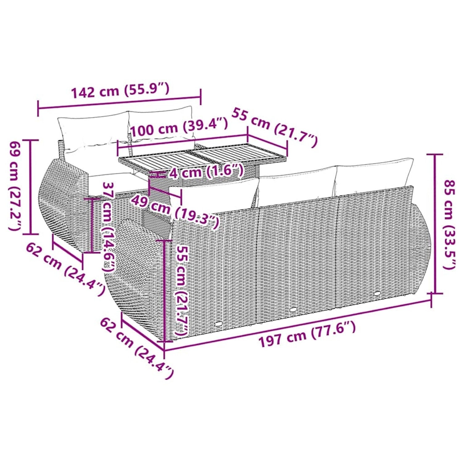 vidaXL Garten-Sofagarnitur, 6-teilig, beige Poly Rattan, mit Maßangaben.
