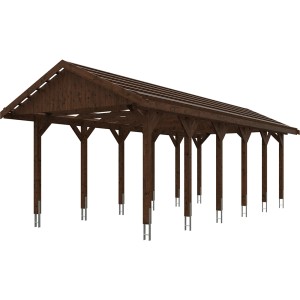 Satteldach-Carport Wallgau in Nussbaum, Holzkonstruktion mit Dachlattung für Dachziegel.