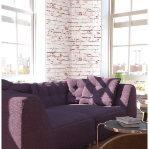 Vliestapete New England Klinker in Weiß/Rot mit Backsteinmuster im Wohnzimmer.