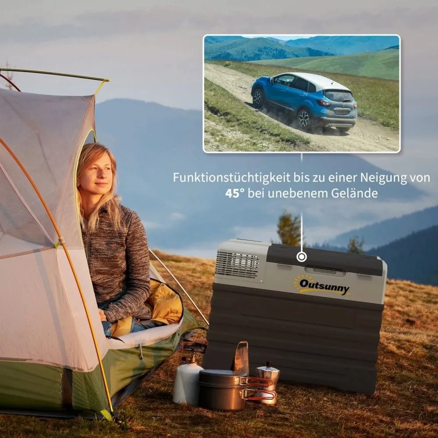 Tragbare Outsunny Kompressor Kühlbox, schwarz-grau, beim Camping. Perfekt für Auto & Outdoor, stabil bis 45° Neigung.