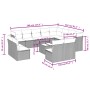 Beige 13-tlg. Garten Sofagarnitur aus Polyrattan mit Kissen und Tisch, Maße eingezeichnet.