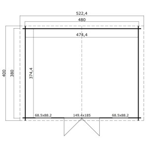 Grundriss Gartenhaus Udo 380: 480x380 cm, unbehandeltes Holz, Doppeltür, Fenster.