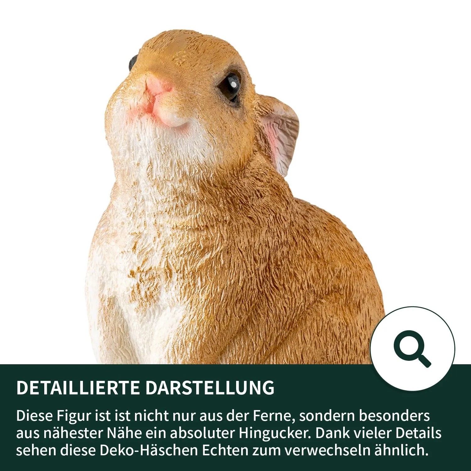 Detailaufnahme: VERDOBA Häschen, Gartenfigur aus Polyresin, Dekoration für Teich, Beet oder Vorgarten.