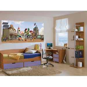 Kinderzimmer mit Toy Story Fototapete in Beige, Blau und Grün. Wandbild mit Woody, Buzz Lightyear und Co.