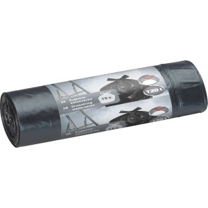 Rolle schwarze Abfallsäcke (15 Stück) mit Zugband, 120 Liter Fassungsvermögen.