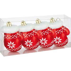 Weihnachts-Deko: 4 rote, bemalte Fäustlinge als Baumbehang im Set.