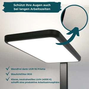 Moderne, dimmbare LUXULA LED Stehlampe/Bürolampe in Schwarz mit Up/Downlight für blendfreies, neutralweißes Licht.