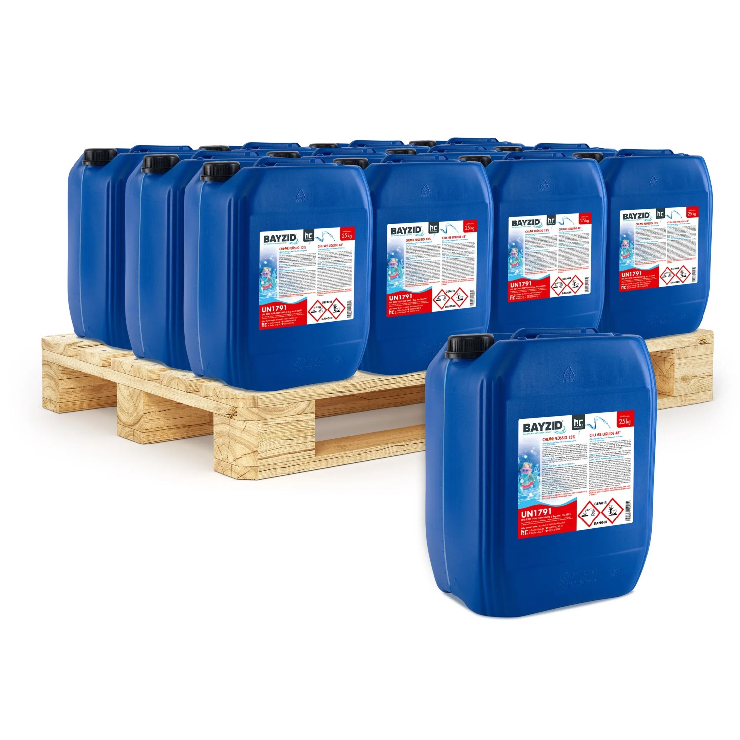 Palette mit blauen Kanistern Bayzid Chlor 13% Flüssig, je 25kg, für Pool Desinfektion.