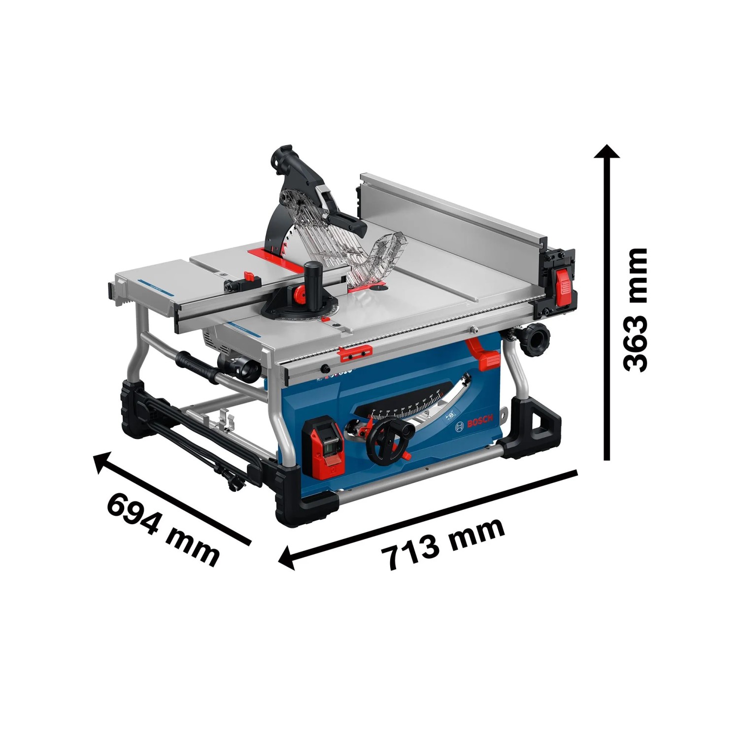 Bosch Professional GTS 100-254 Tischkreissäge mit Maßen, ideal für präzise Schnitte in Werkstatt & Baustelle.