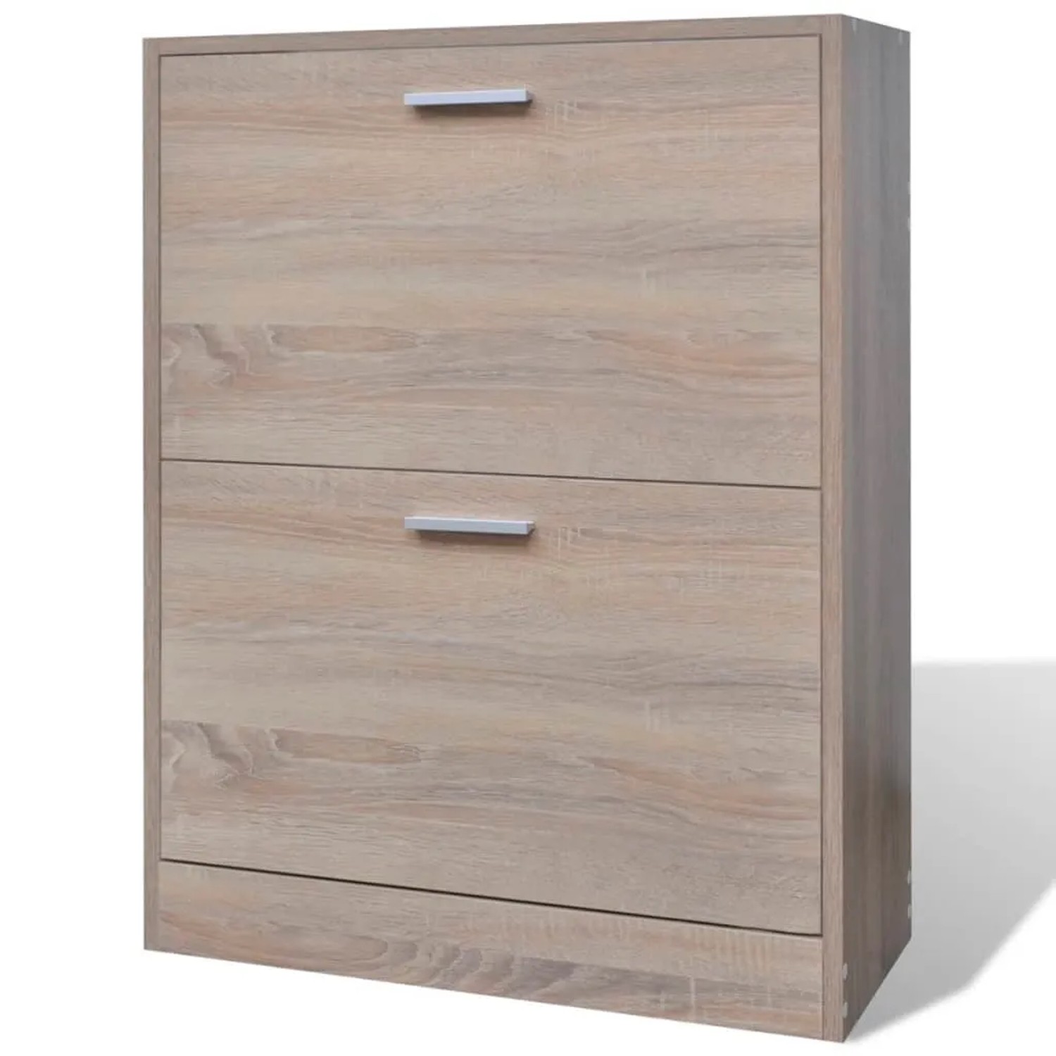 Schuhschrank in Eichen-Optik mit 2 Schuhkippern. Heller Holzschrank mit silbernen Griffen für Flur und Diele.