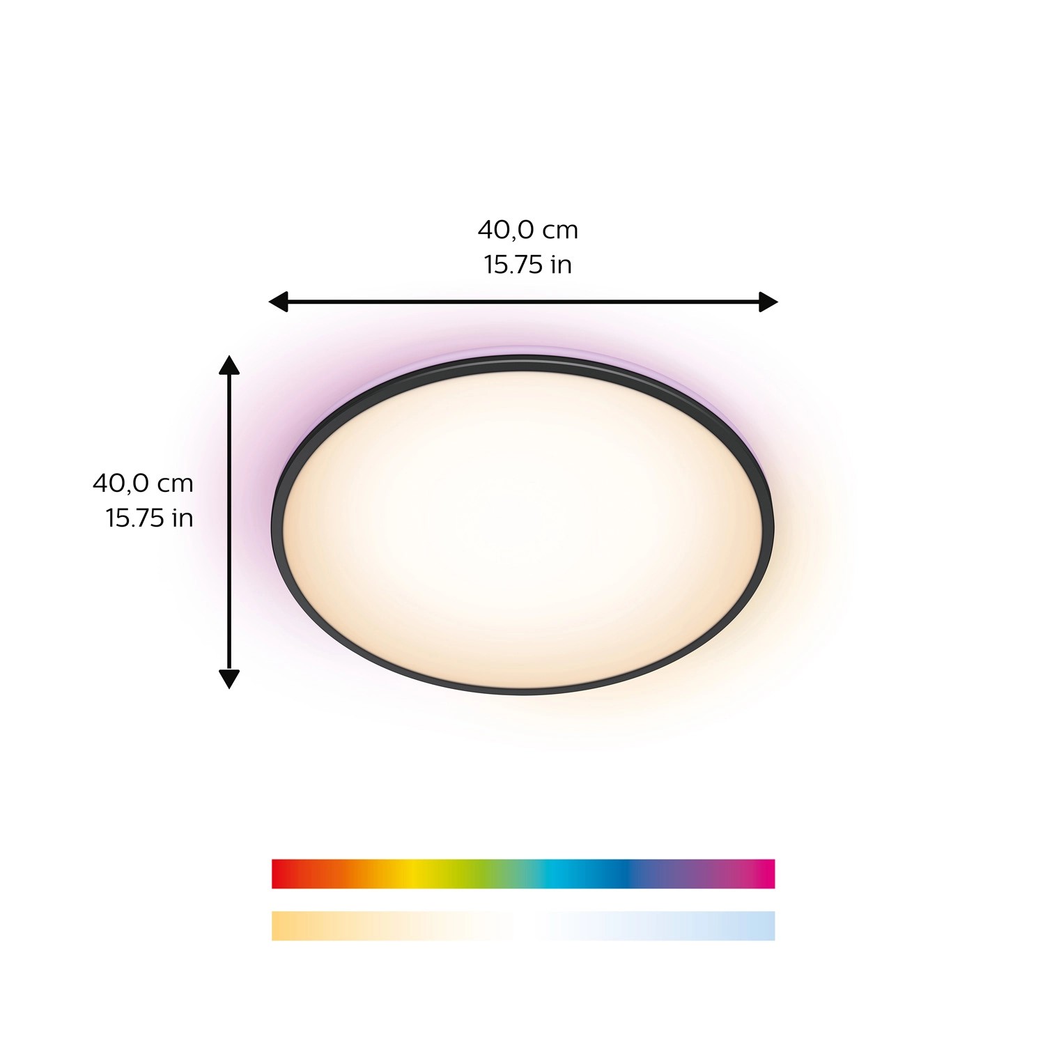Schwarze WiZ LED-Deckenleuchte Rune mit Farbwechsel und 2100 Lumen, Abmessungen werden angezeigt.