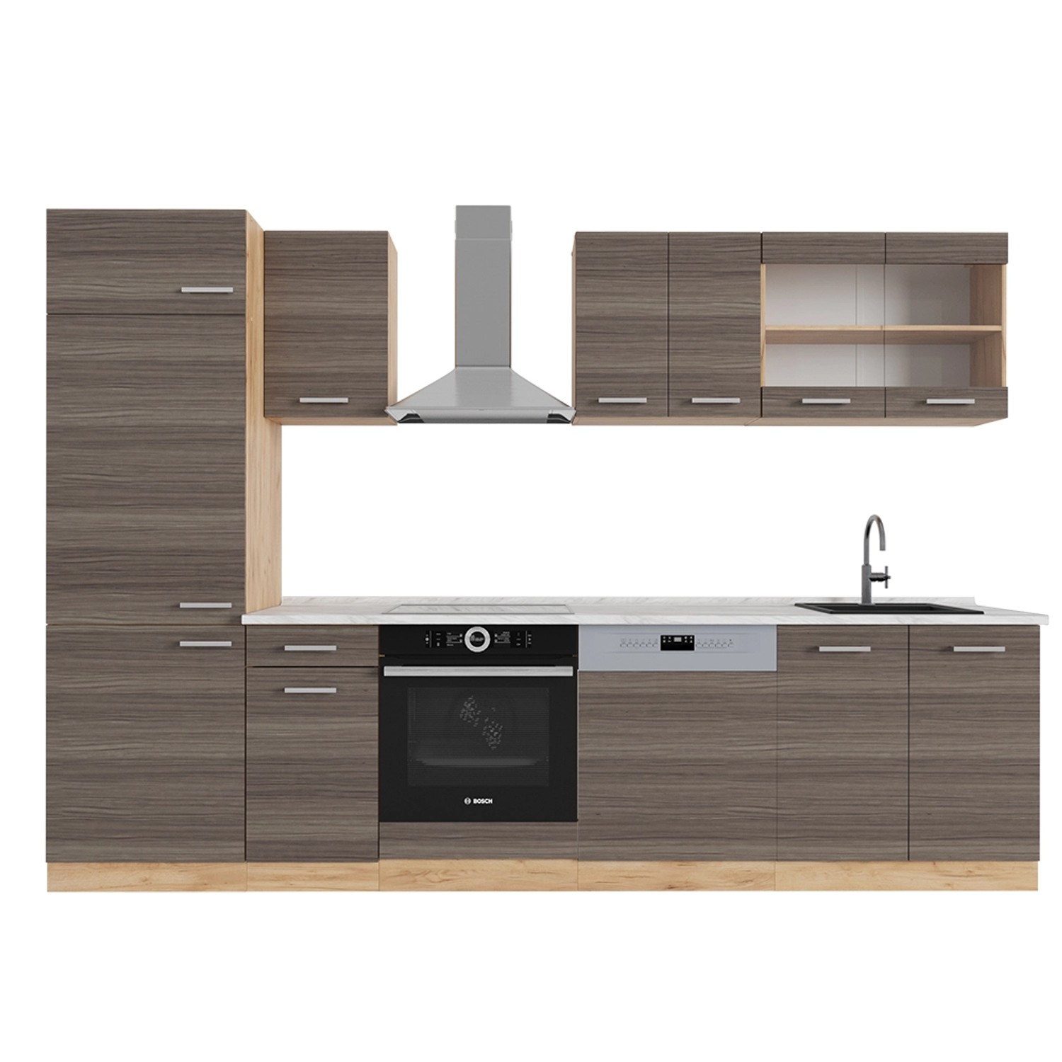 Vicco R-Line Küchenzeile Edelgrau/Goldkraft Eiche 300 cm AP Marmor günstig online kaufen