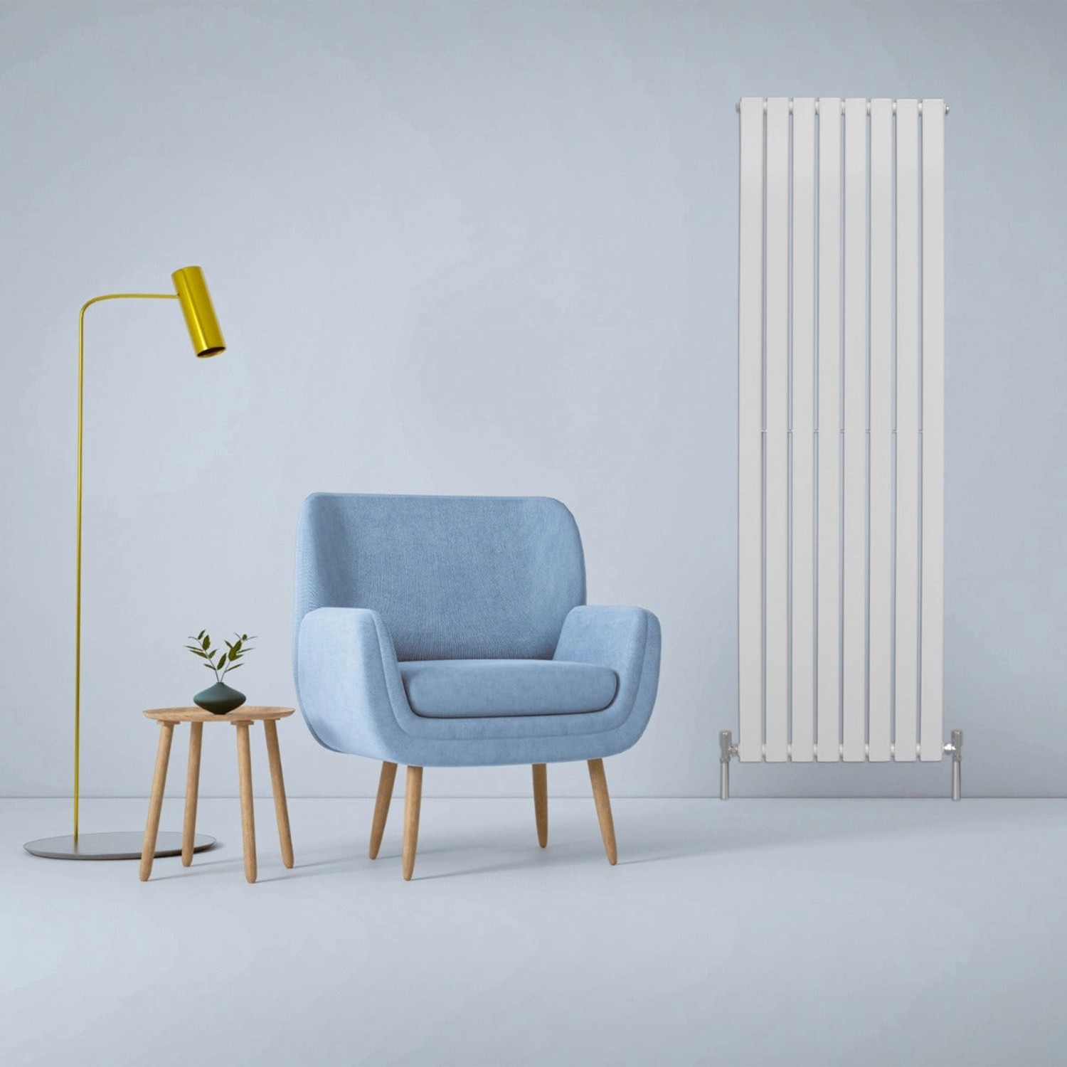 Moderner, glänzend weißer Paneelheizkörper 1800x420mm im Wohnraum.