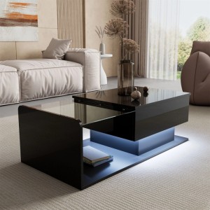 Schwarzer Hochglanz Couchtisch mit LED, Glasplatte, Hebefunktion und Stauraum.
