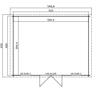 Grundriss des Lasita Holz-Gartenhauses Wels 5 in Schwedenrot, mit Maßangaben.