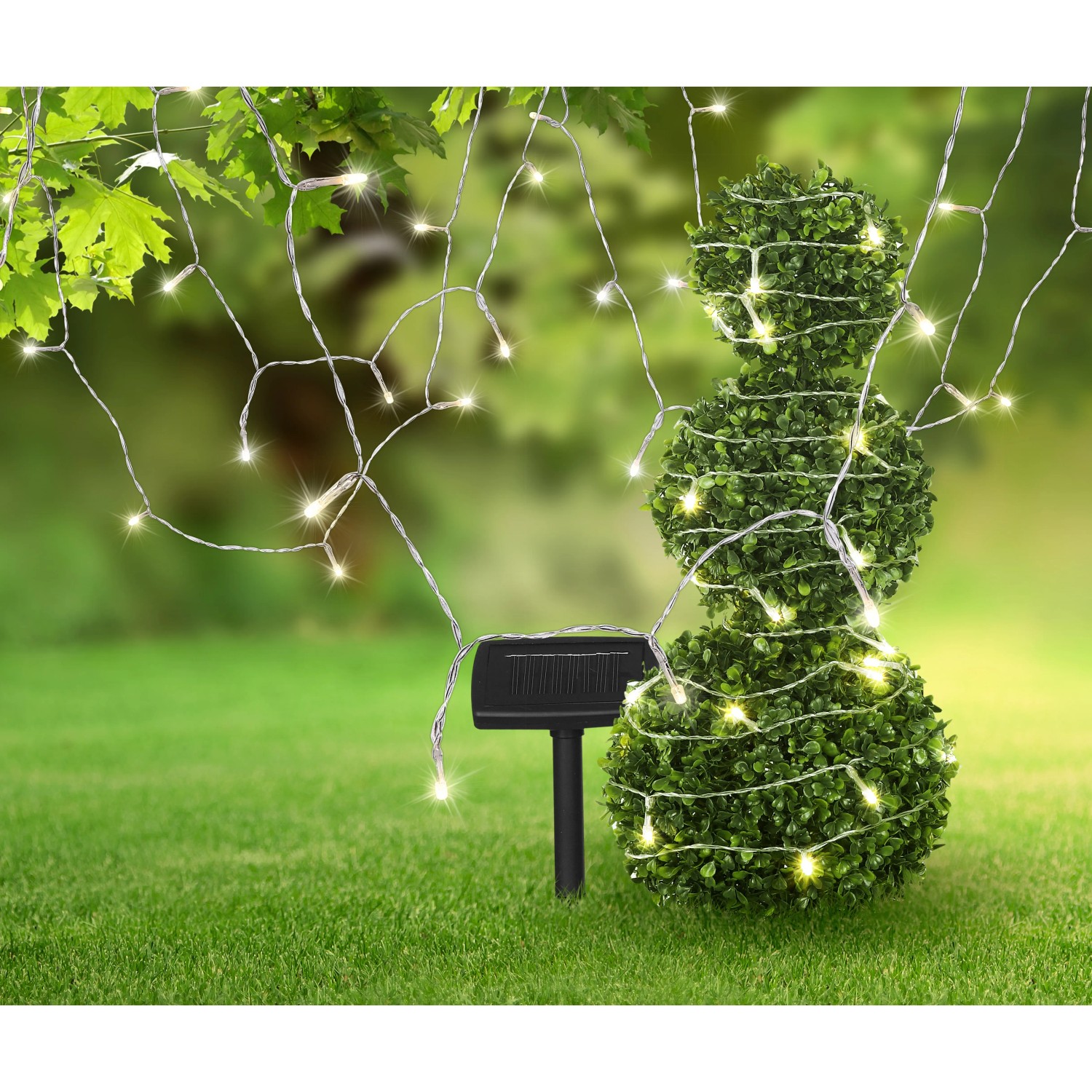 Globo LED-Solarlichterkette mit 120 transparenten LEDs und Solarpanel, Länge 20 m.