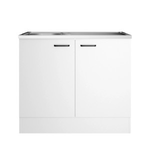 Weißer OPTIFIT Spülenunterschrank Bonn214 mit Auflagespüle aus Edelstahl.