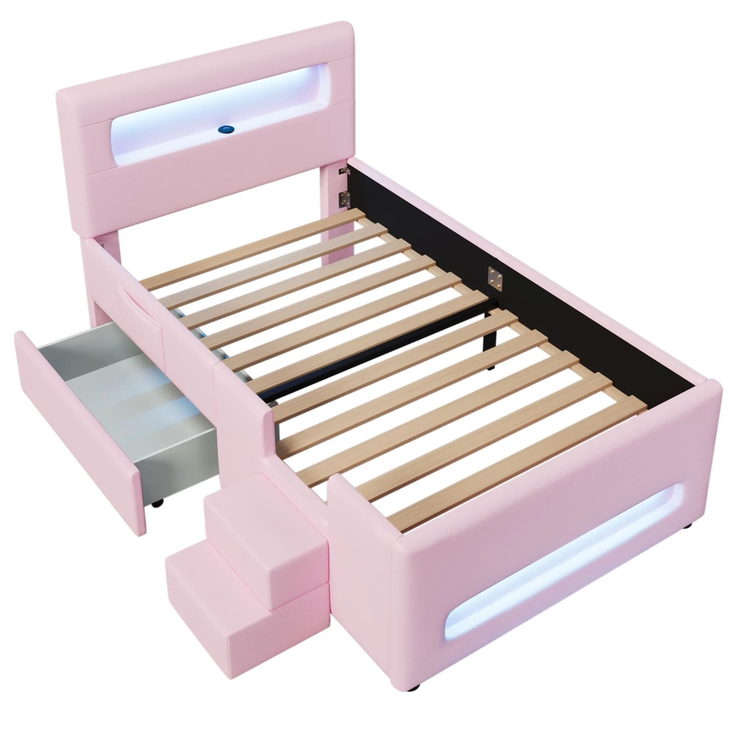 Merax Plattformbett 90x200 cm mit Treppe Schubladen USB LED Rosa