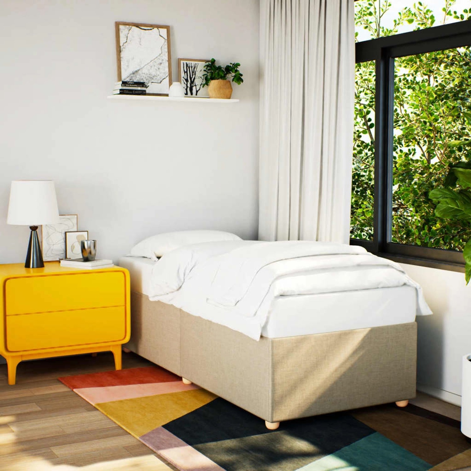 Cremefarbenes Stoff-Bettgestell (90x200 cm) von vidaXL im Schlafzimmer.