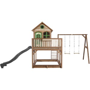 Axi Liam Spielhaus mit Doppelschaukel, Rutsche, Sandkasten, Holz, braun, grün und grau.