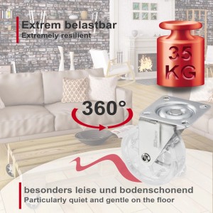 SOTECH Lenkrolle RAPID Ø75 mm transparent, 35 kg belastbar. 360° drehbar, leise und bodenschonend für Möbel.