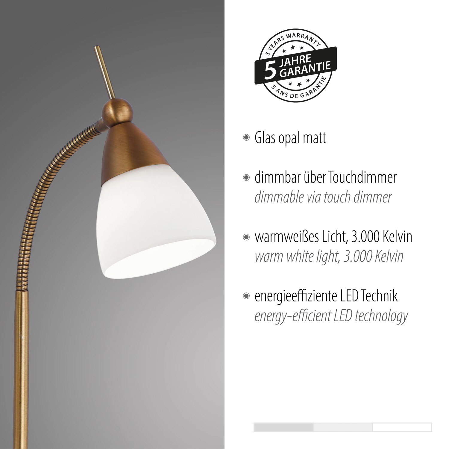 Paul Neuhaus LED-Tischleuchte Pino in Altmessing mit Opalglas. Schreibtischlampe mit Touchdimmer.