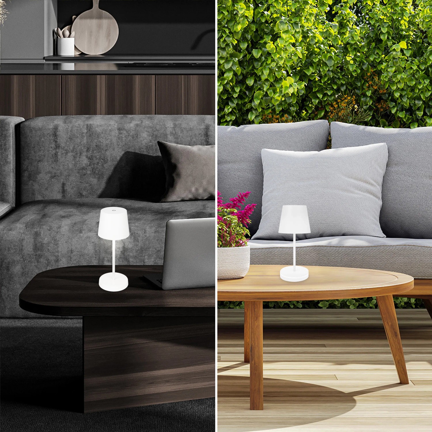 Weiße Brilo Akku-Tischleuchte, 2,6W, auf Tisch im Innen- und Außenbereich.