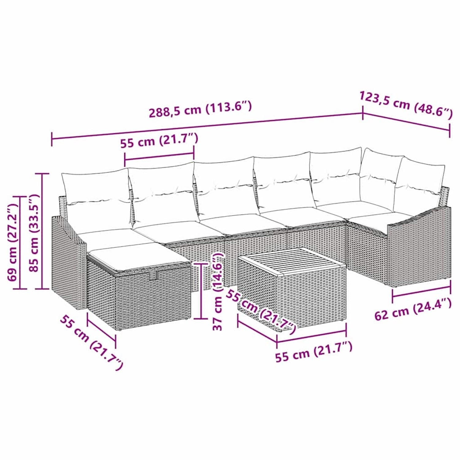 vidaXL Gartenmöbel-Set, 8-teilig, beige Poly Rattan, mit Maßen und Stauraum.