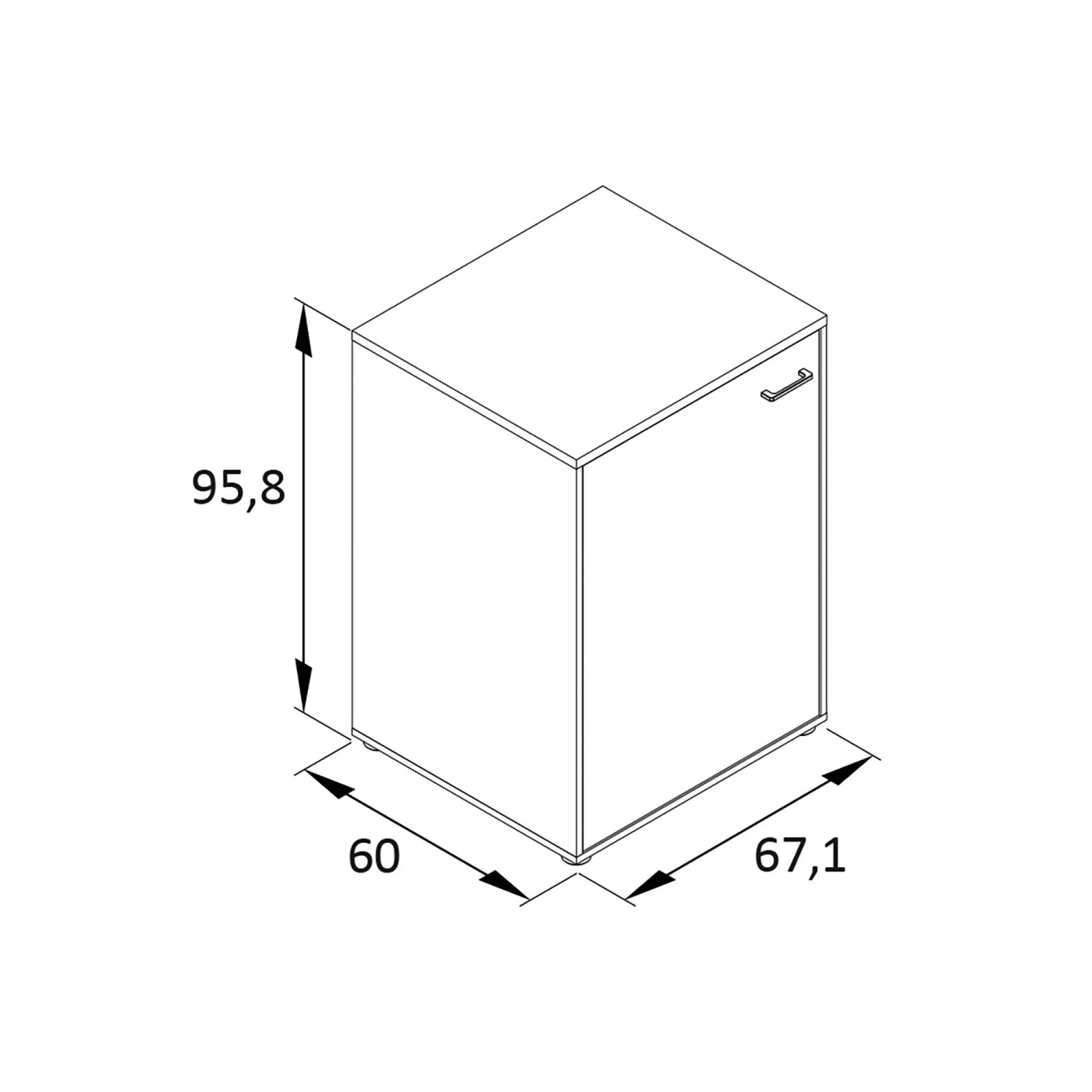 Schildmeyer Mehrzweckschrank Solea U 670 in Weiß-Matt, schematische Darstellung mit Maßangaben.