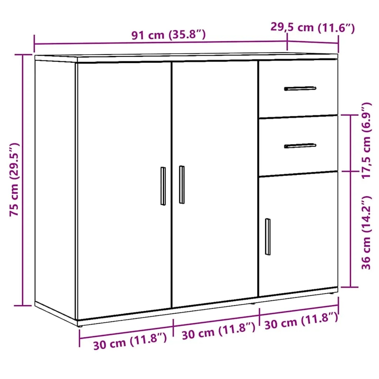 vidaXL Sideboard in Schwarz Eiche Optik, 91x29,5x75cm, aus Holzwerkstoff. Kommode mit Türen und Schubladen.