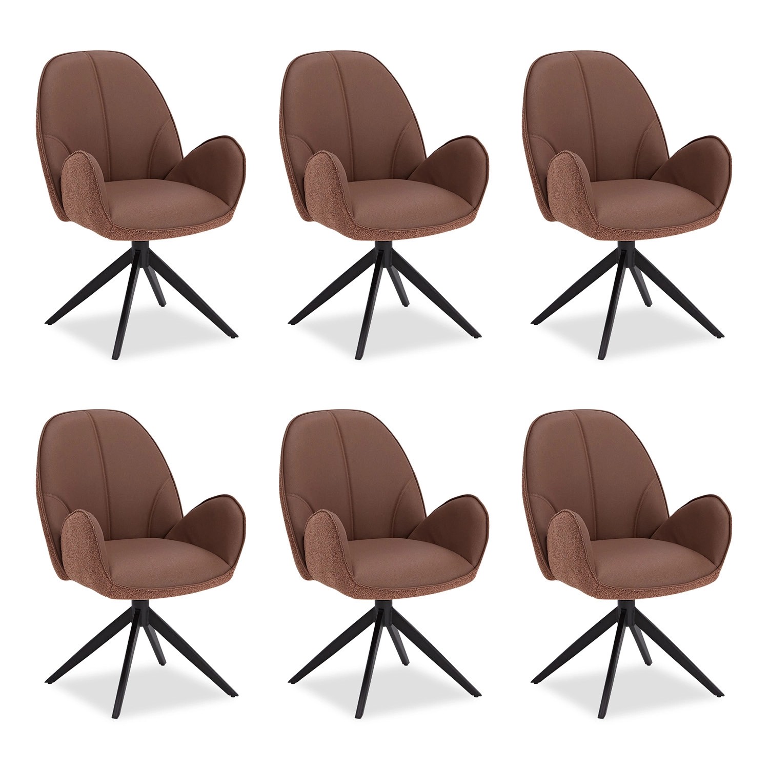 Homestyle4u Polsterstuhl 6er Set Bouclé Leder Braun Drehbar 3071