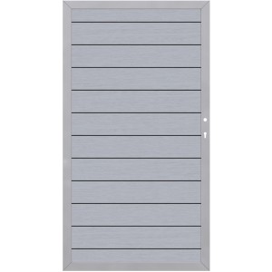 Sichtschutzzaun Tor System WPC Grau-Silber, 98x180cm, mit horizontalen Profilen und Metallrahmen.