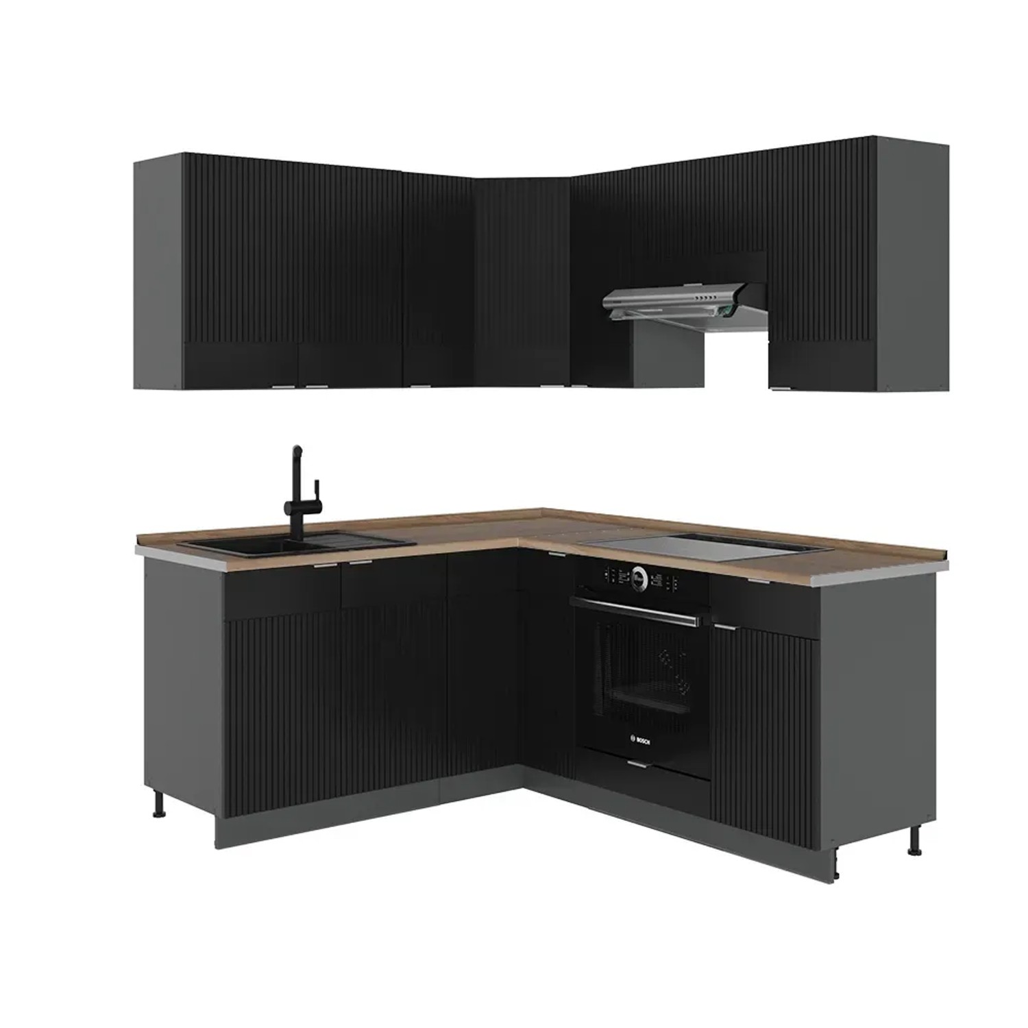 Vicco Fame-Line Eckküche Schwarz gestreift/Anthrazit 160 x 190 cm AP Eiche ohne E-Geräte