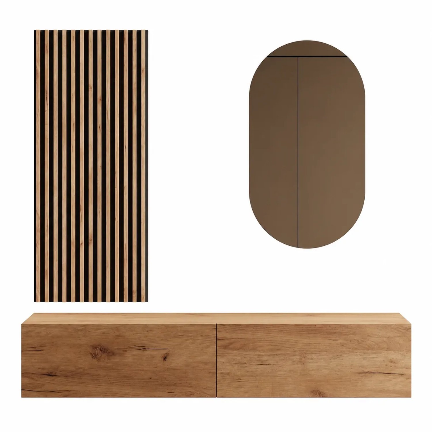 Planetmöbel Flurgarderobe Set 160 cm Gold Eiche mit Wandpaneel und Spiegel ohne LED Beleuchtung