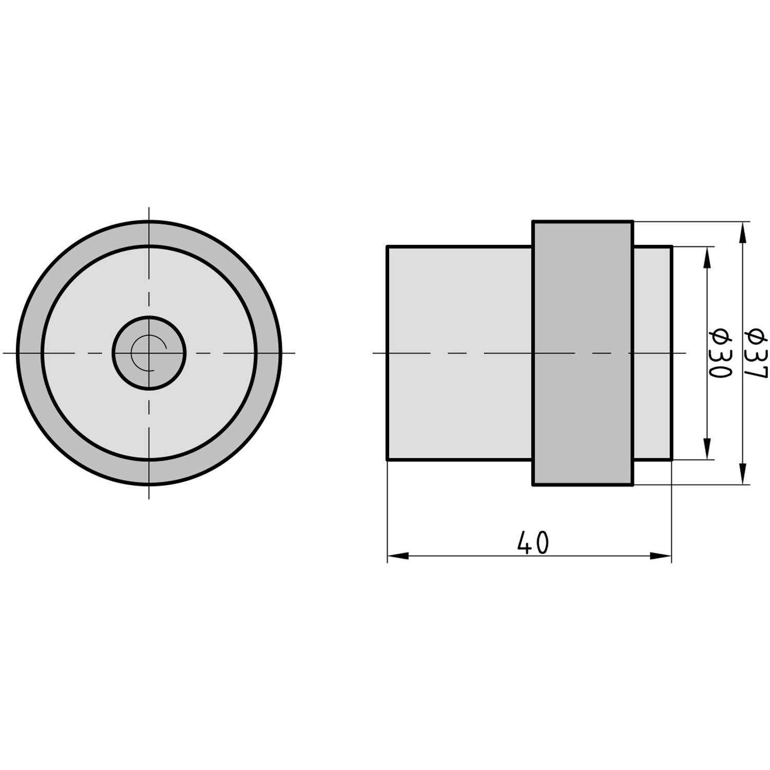 Technische Zeichnung: Basi Boden-Türstopper TS 23, Maße: Höhe 40mm, Durchmesser 30/37mm.