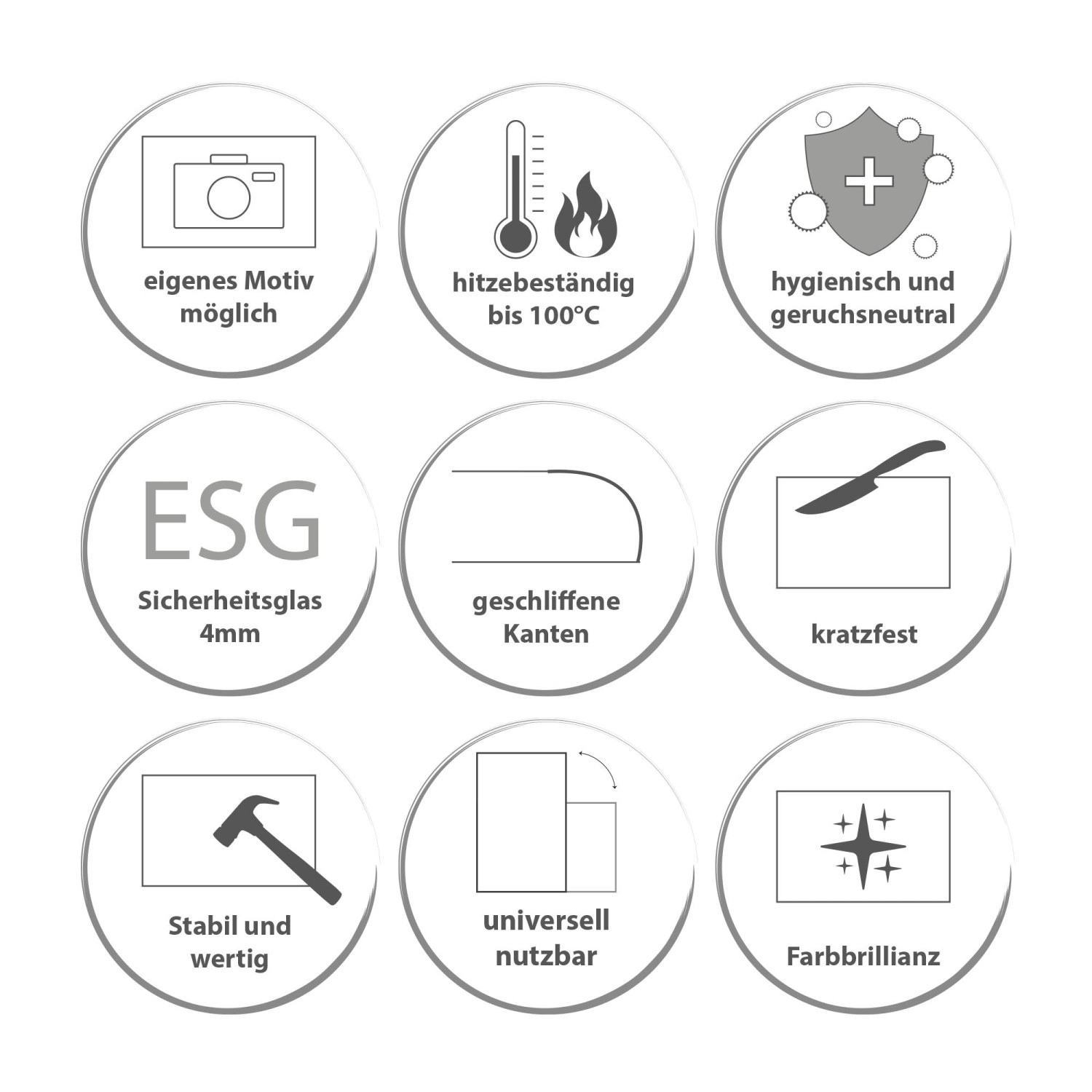 Symbole der Eigenschaften: Banjado Herdabdeckplatte aus Glas, hitzebeständig, kratzfest, hygienisch, stabil und farbbrillant.