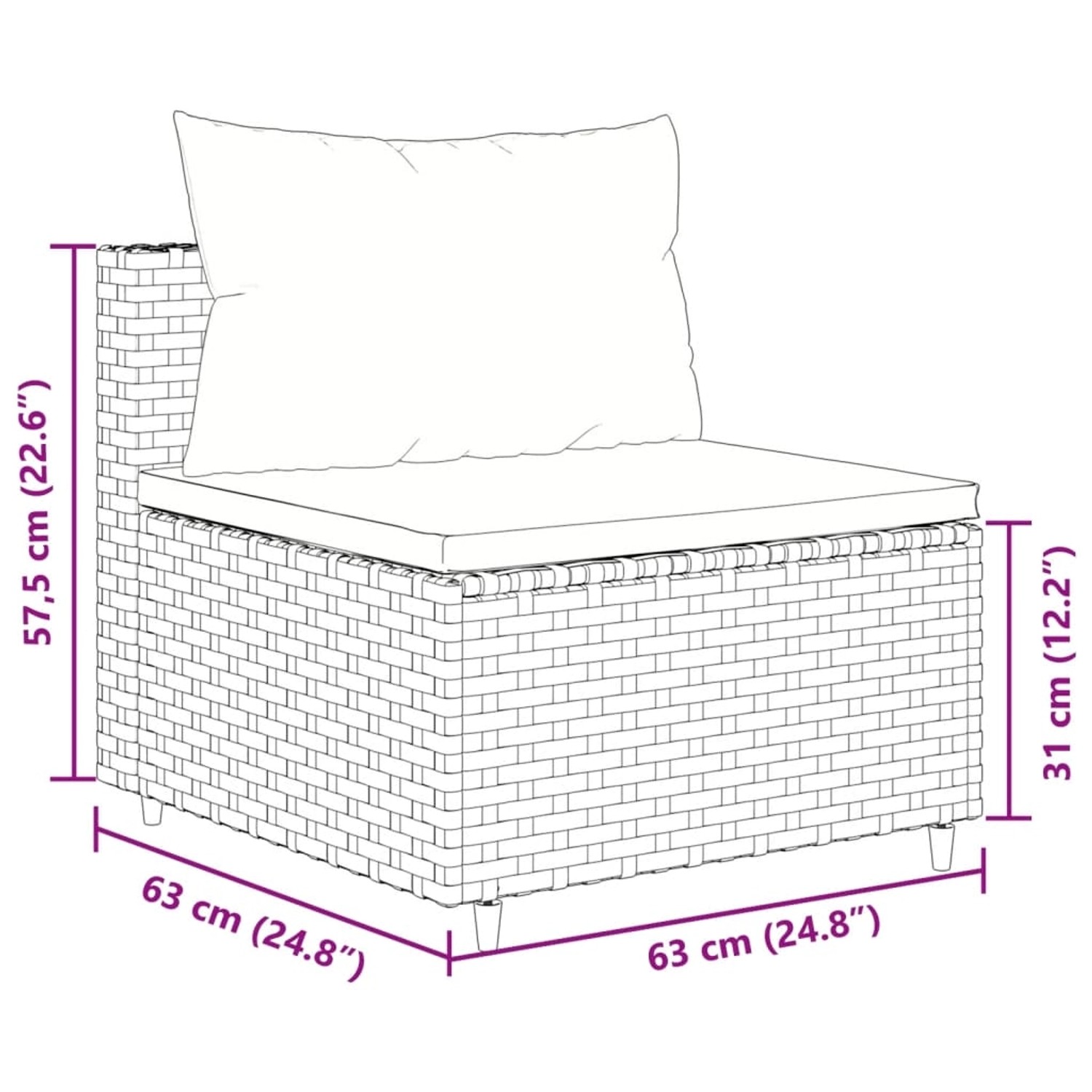 vidaXL Garten-Lounge-Set, braunes Poly Rattan Sofa-Element mit Kissen, Detailansicht Maße.